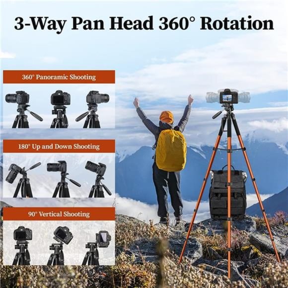 Tripod Camera Tripods, 74" Tripod Stand for Camera Phone, Heavy Duty Portable - Picture 3 of 6